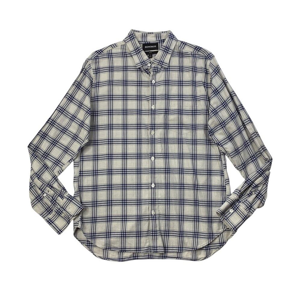 Bonobos Shirt Mens L Large White Royal Blue Cotton Slim Fit Plaid Long Sleeve